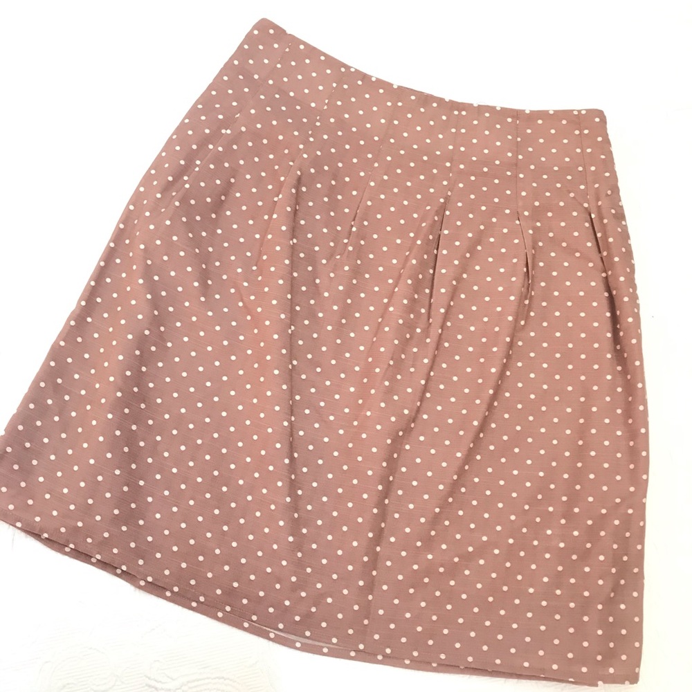 LOFT Blush Pink/Tan and Cream Polka Dot Pleated A-Line Skirt 10